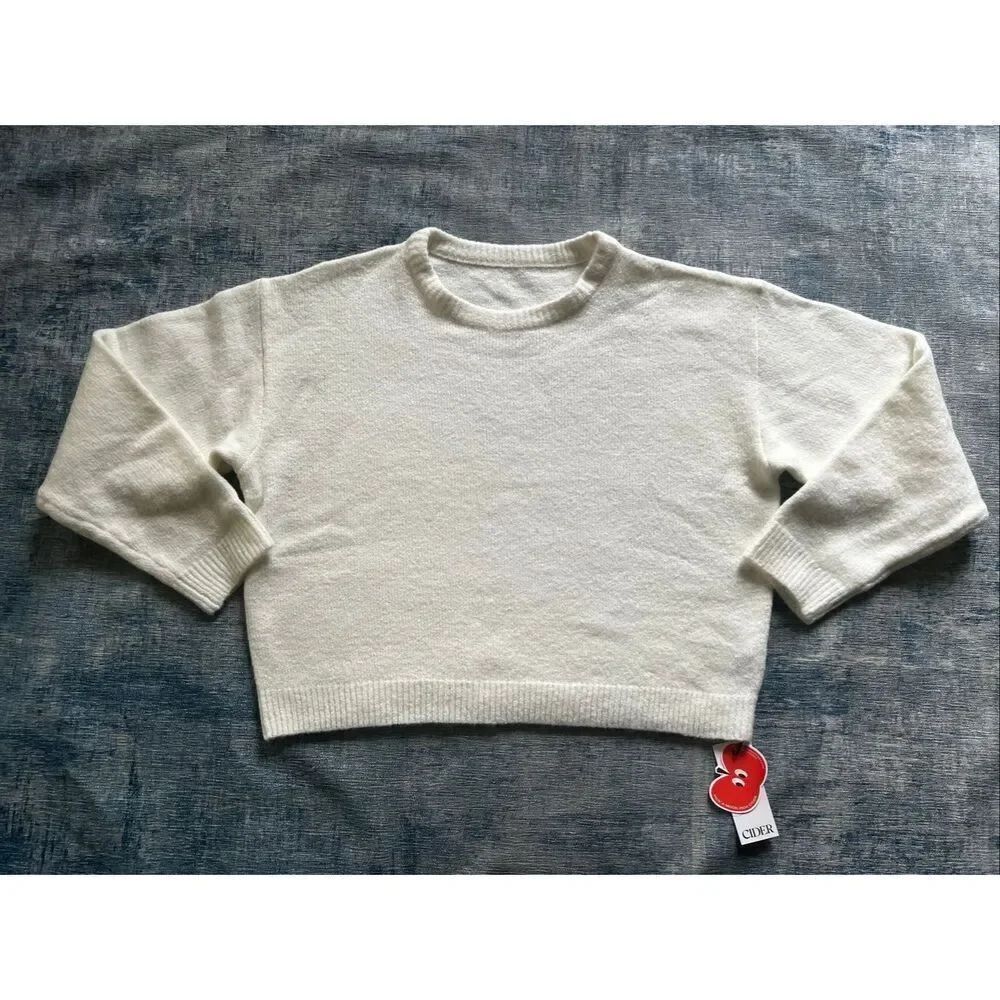 NWT! Cider White Relaxed Fit Cropped Crewneck Knit Sweater Women's Large